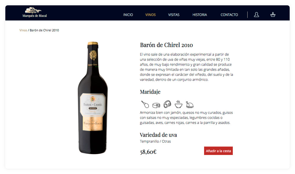 Desktop view of a product sheet showing one of the wines of Marqués de Riscal: Barón de Chirel 2010