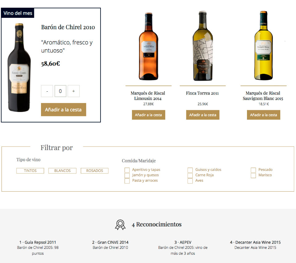 Set of images showing: the wine of the month, product suggestions, filters, product awards.