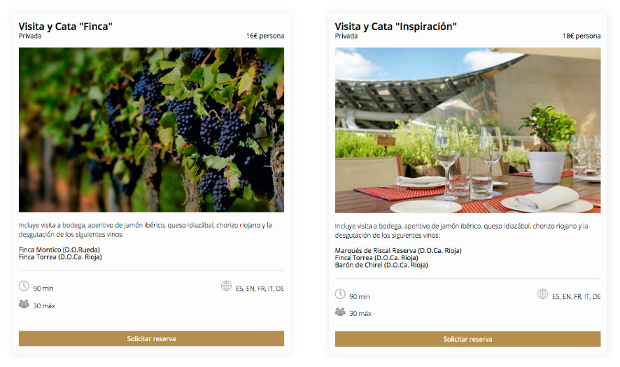 Two cards displaying information about 2 different visits to Marqués de Riscal's wine cellar