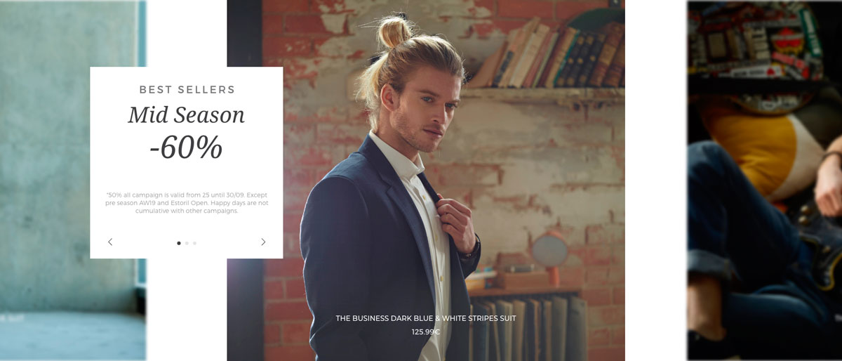 Sacoor component to be integrated in the blank layout. The component is a carousel of three pictures from different Sacoor products: 2 suits and a trouser.