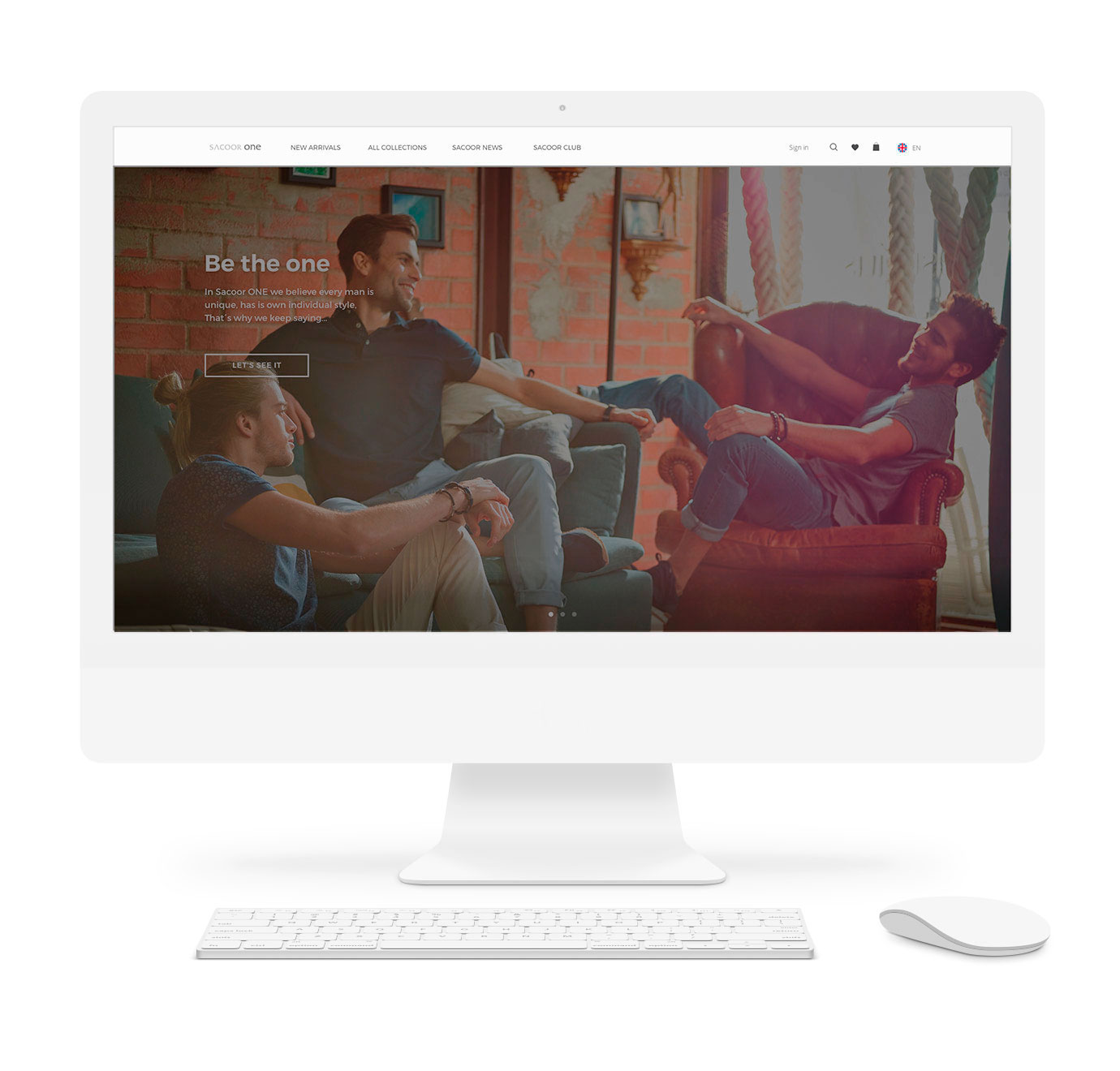 An IMac mockup showing the final result of the home page on desktop